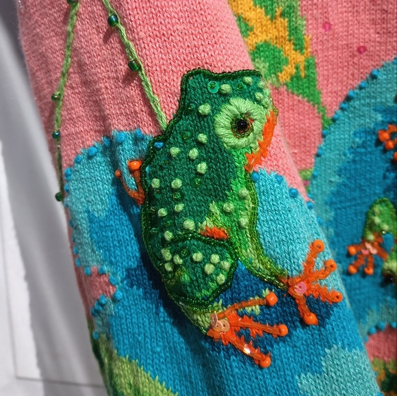 Design Options Philip & Jane Gordon Frog Lily Pad Dragonfly Sweater Cardigan XL - Picture 7 of 10